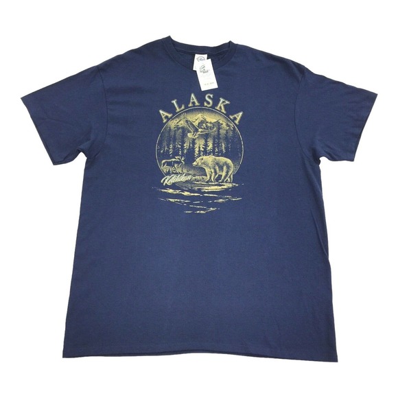 Vintage NOS Alaska Nature Short Sleeve T-Shirt XL Blue Yellow Bear Deadstock Y2K - Picture 1 of 7